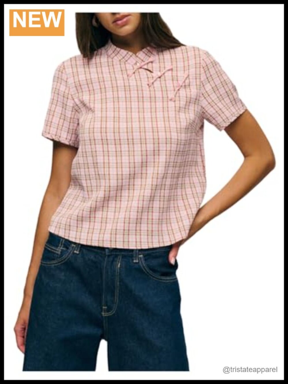 Women's Mandarin Collar Plaid Blouse Short Sleeve Button Front Qipao Top